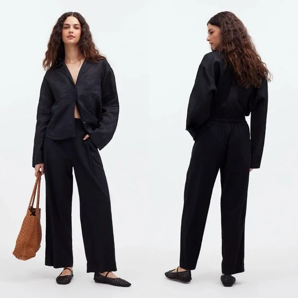 Madewell Petite Pull-On Straight Crop Pants in Linen Blend Black 10 P NP860 Boho - Picture 2 of 14